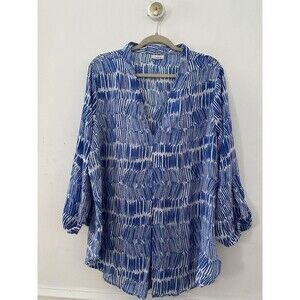 Antilia Femme Blouse Women's Plus Roll Tab Sleeves V-neck Abstract Print Blue 2X